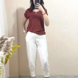 Bel lastikli müslin pantolon-Ekru