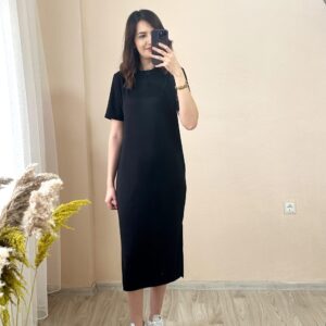 Siyah Modal Kumaş Yandan Yırtmaçlı Basic Elbise