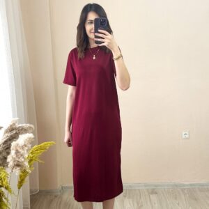 Bordo Modal Kumaş Yandan Yırtmaçlı Basic Elbise