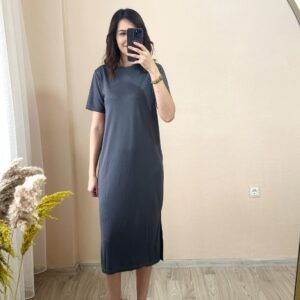 Füme Modal Kumaş Yandan Yırtmaçlı Basic Elbise