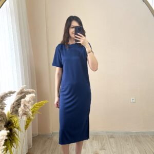 Lacivert Modal Kumaş Yandan Yırtmaçlı Basic Elbise