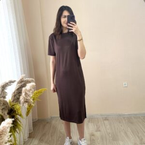 Acı Kahve Modal Kumaş Yandan Yırtmaçlı Basic Elbise